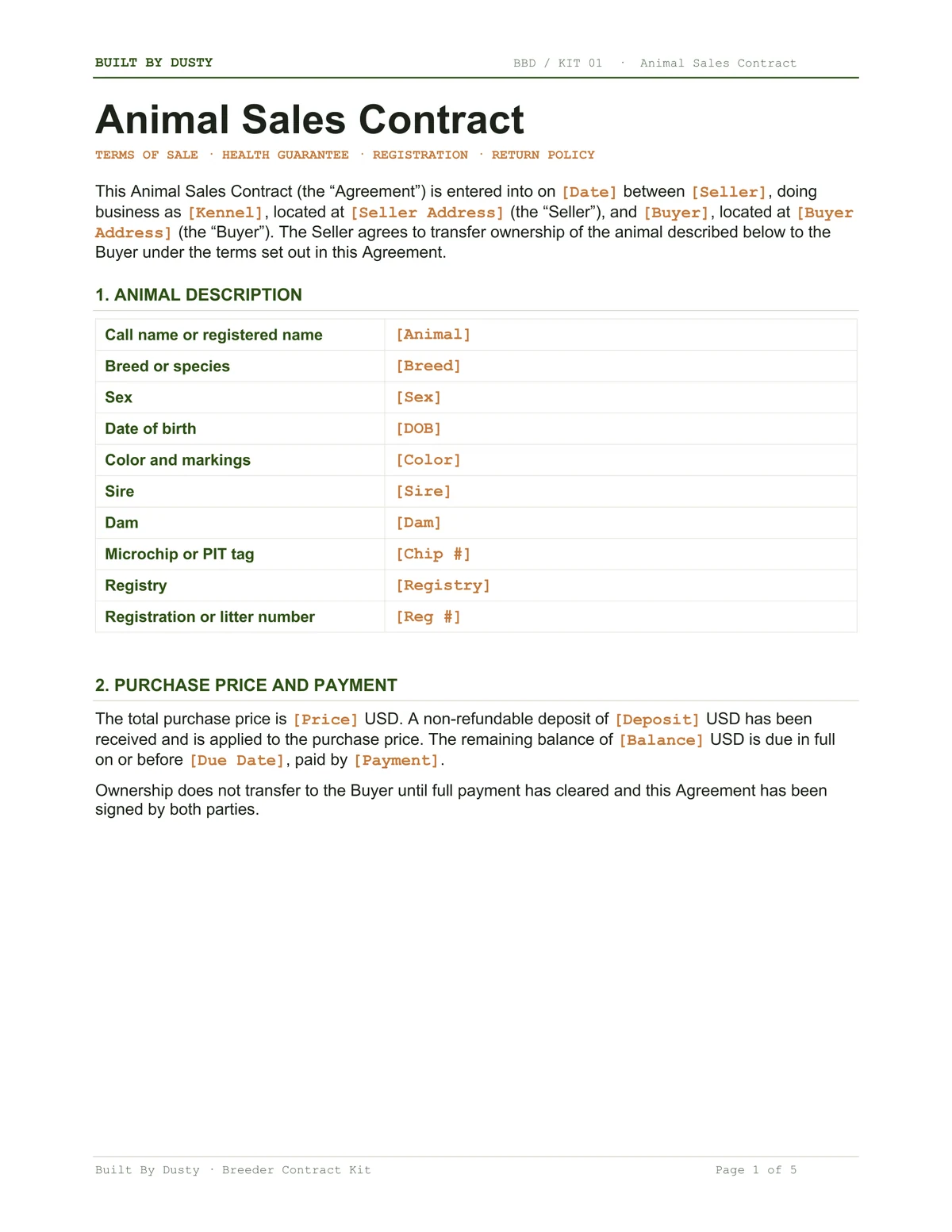 Sample page from the Animal Sales Contract, a template by Built By Dusty.