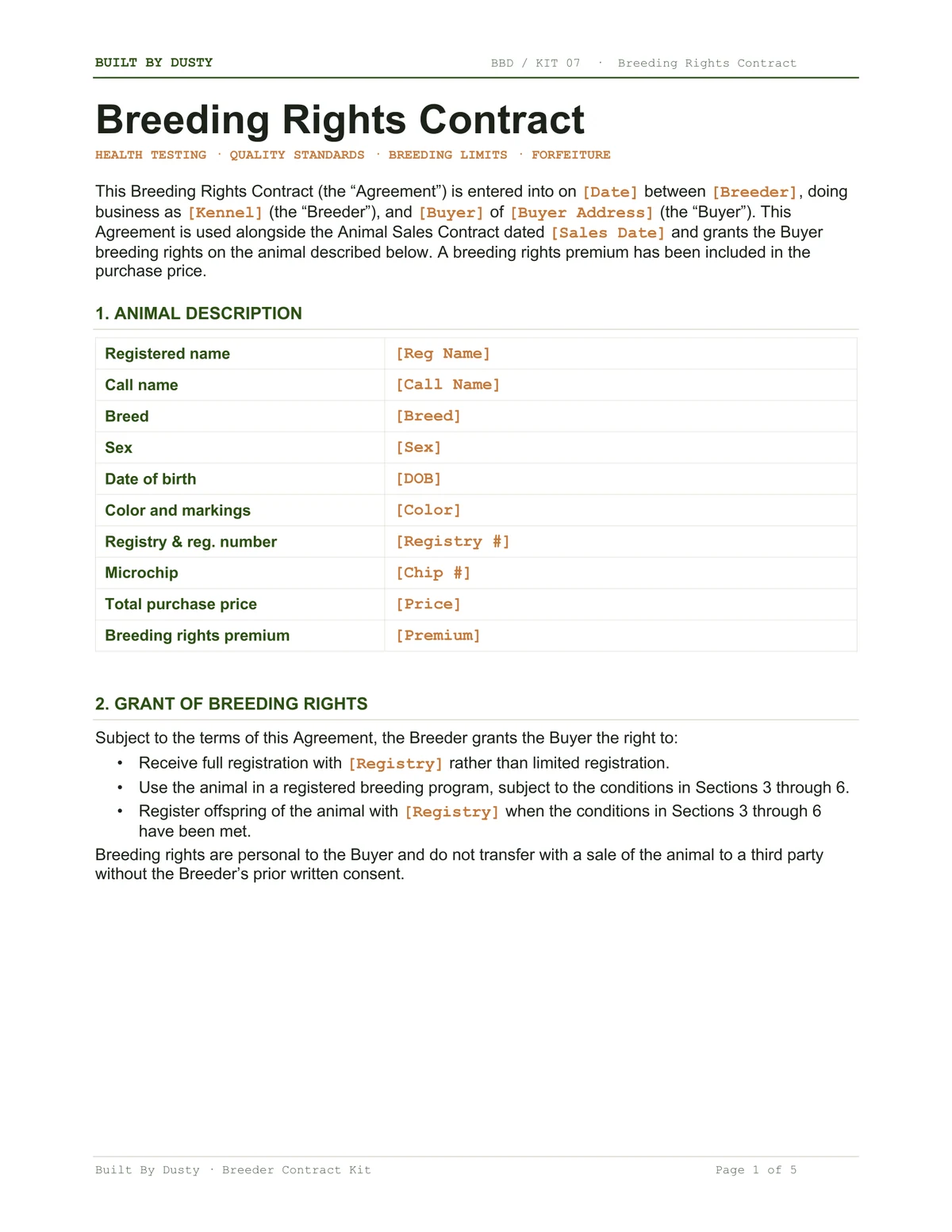 Sample page from the Breeding Rights Contract, a template by Built By Dusty.