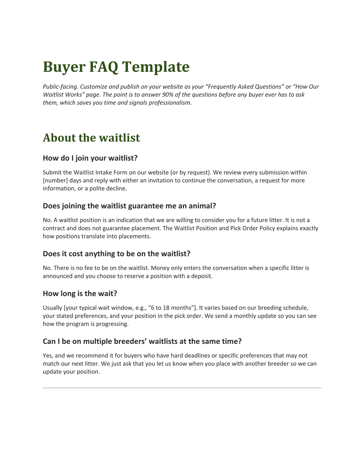 Sample page from Buyer FAQ Template, a template by Built By Dusty.
