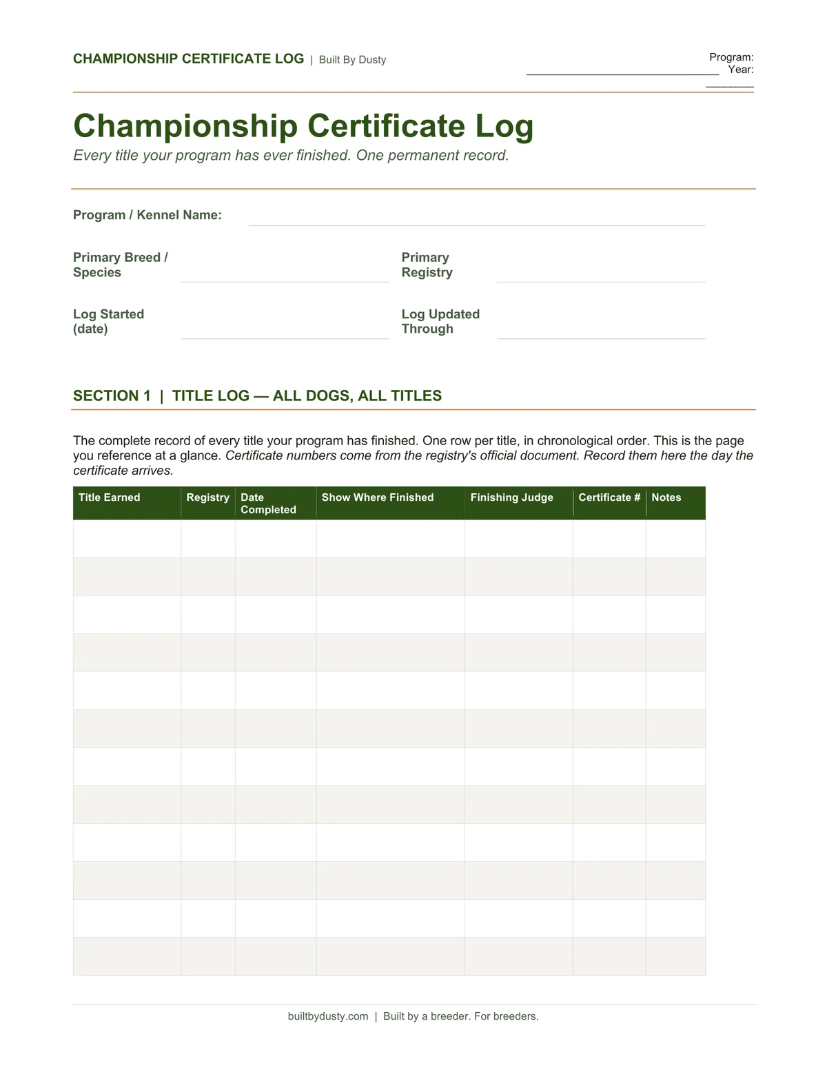 Sample page from Championship Certificate Log, a template by Built By Dusty.
