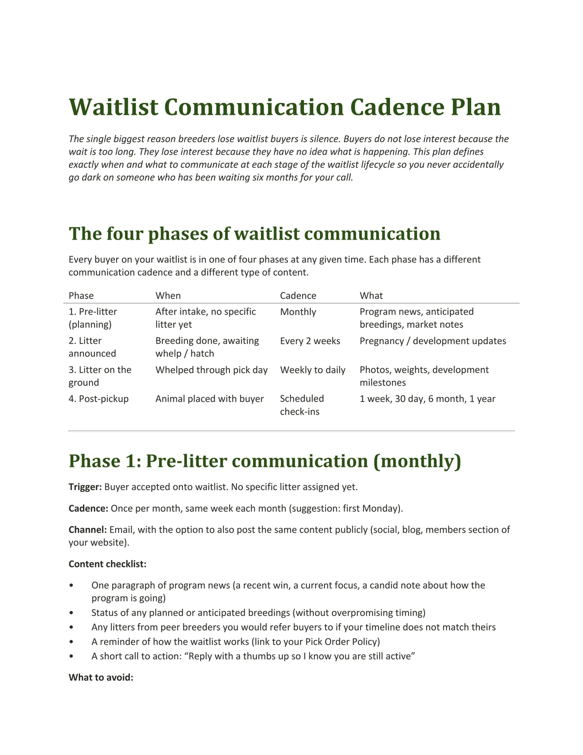Sample page from Communication Cadence Plan, a template by Built By Dusty.