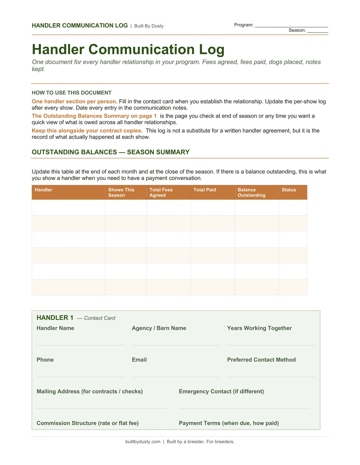 Sample page from Handler Communication Log, a template by Built By Dusty.