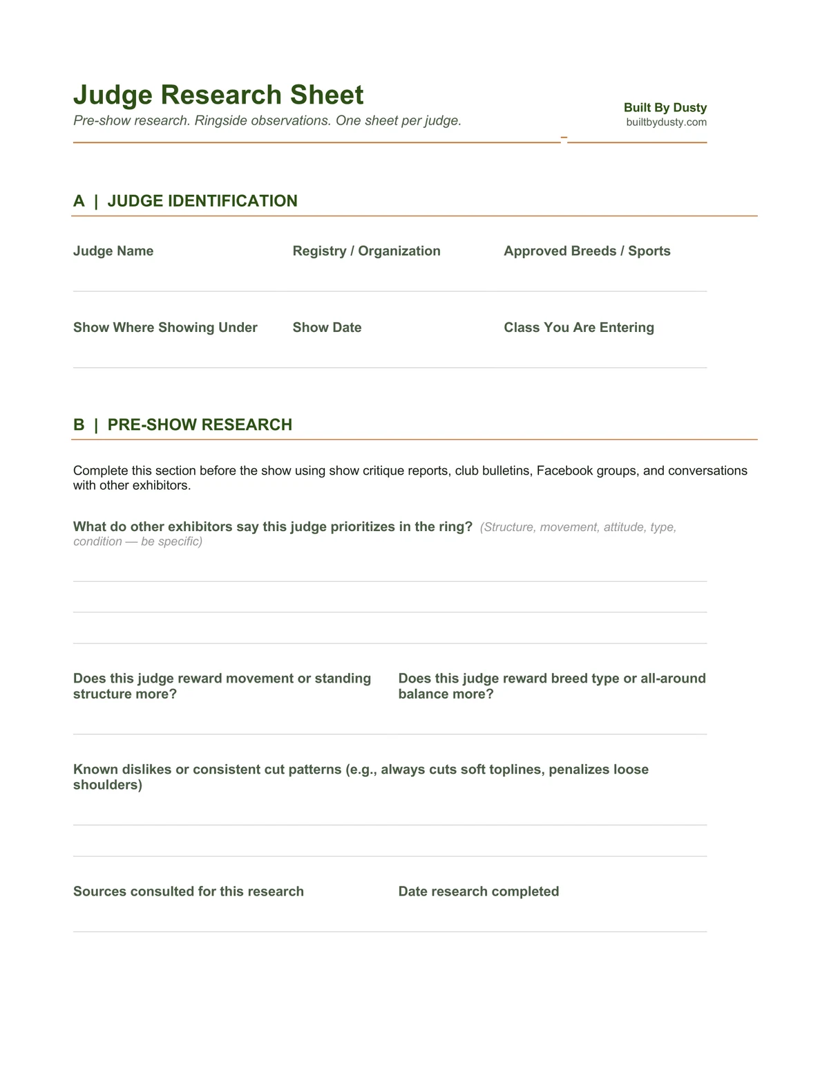 Sample page from Judge Research Sheet, a template by Built By Dusty.