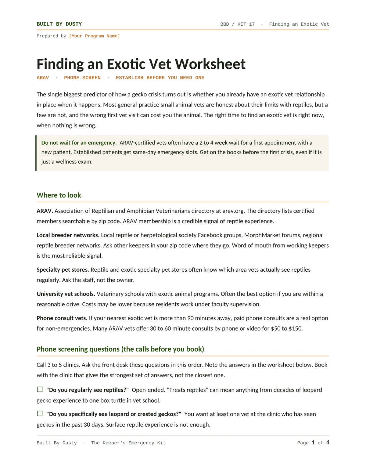 Sample page from Finding an Exotic Vet, a template by Built By Dusty.