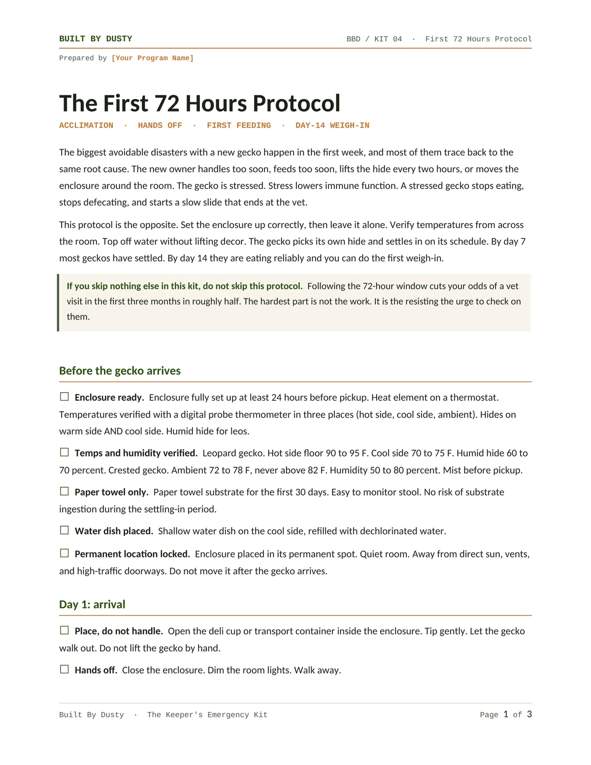 Sample page from First 72 Hours Protocol, a template by Built By Dusty.