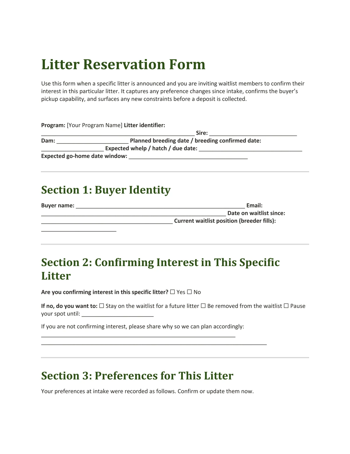 Sample page from Litter Reservation Form, a template by Built By Dusty.