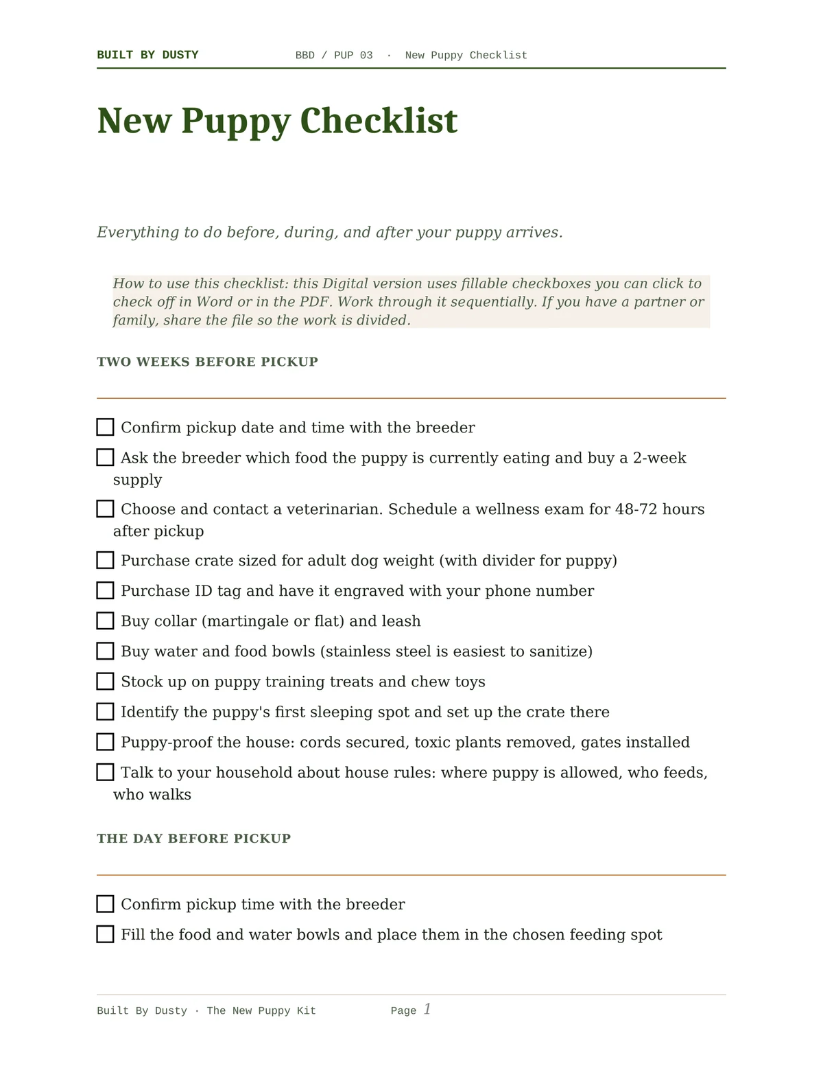 Sample page from New Puppy Checklist, a template by Built By Dusty.