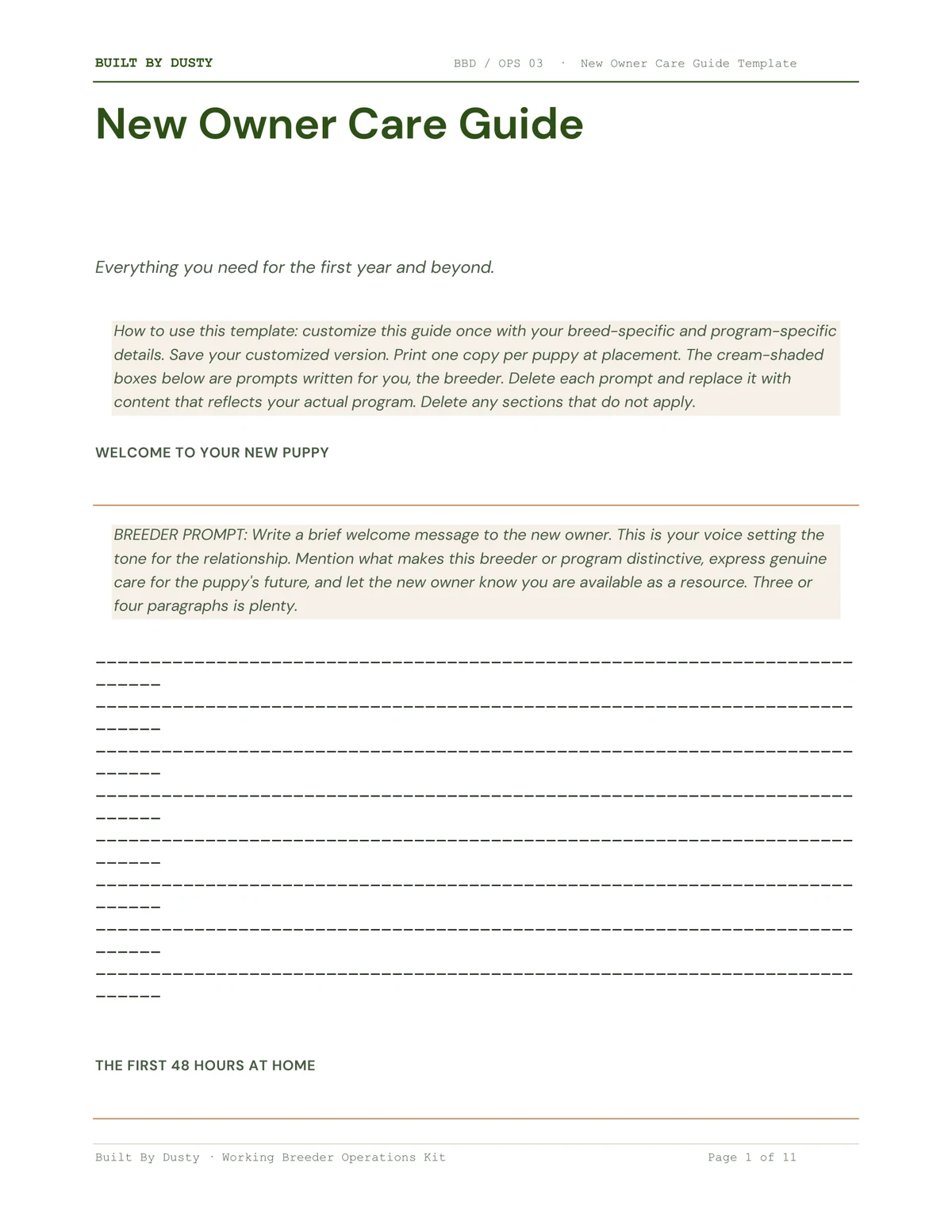 Sample page from New Owner Care Guide Template, a template by Built By Dusty.