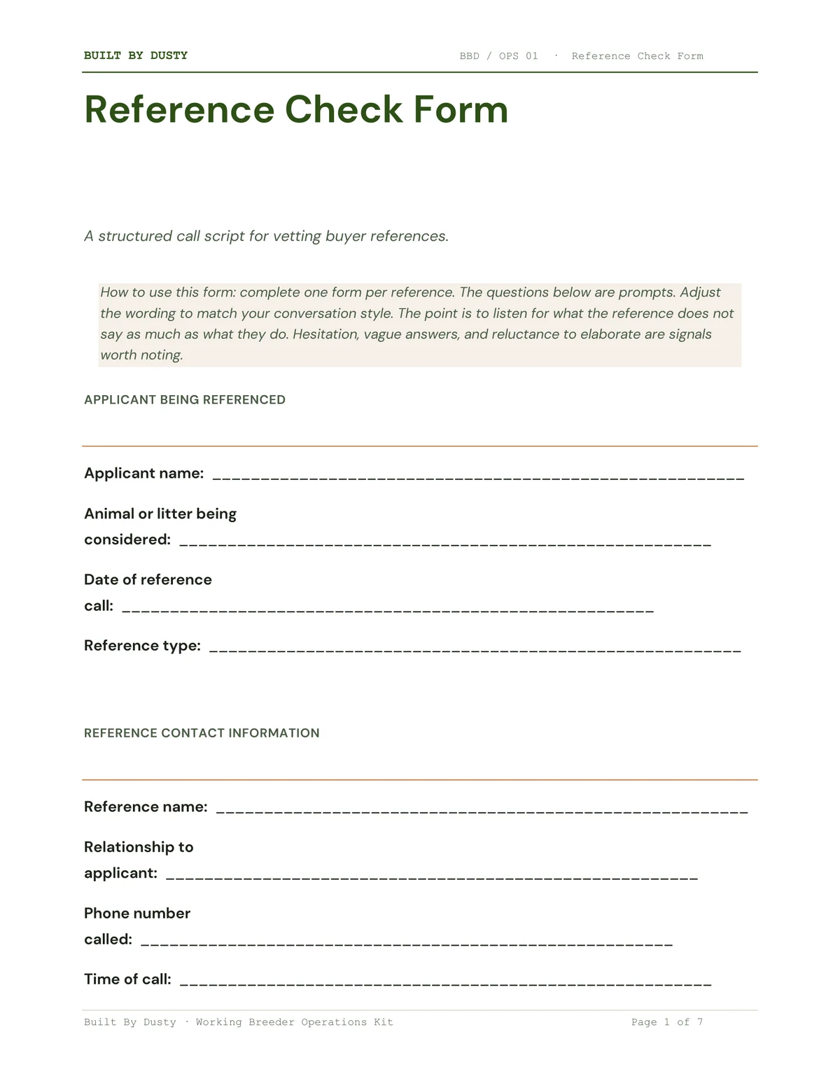 Sample page from Reference Check Form, a template by Built By Dusty.