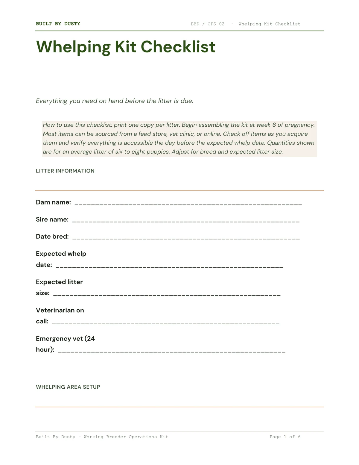 Sample page from Whelping Kit Checklist, a template by Built By Dusty.