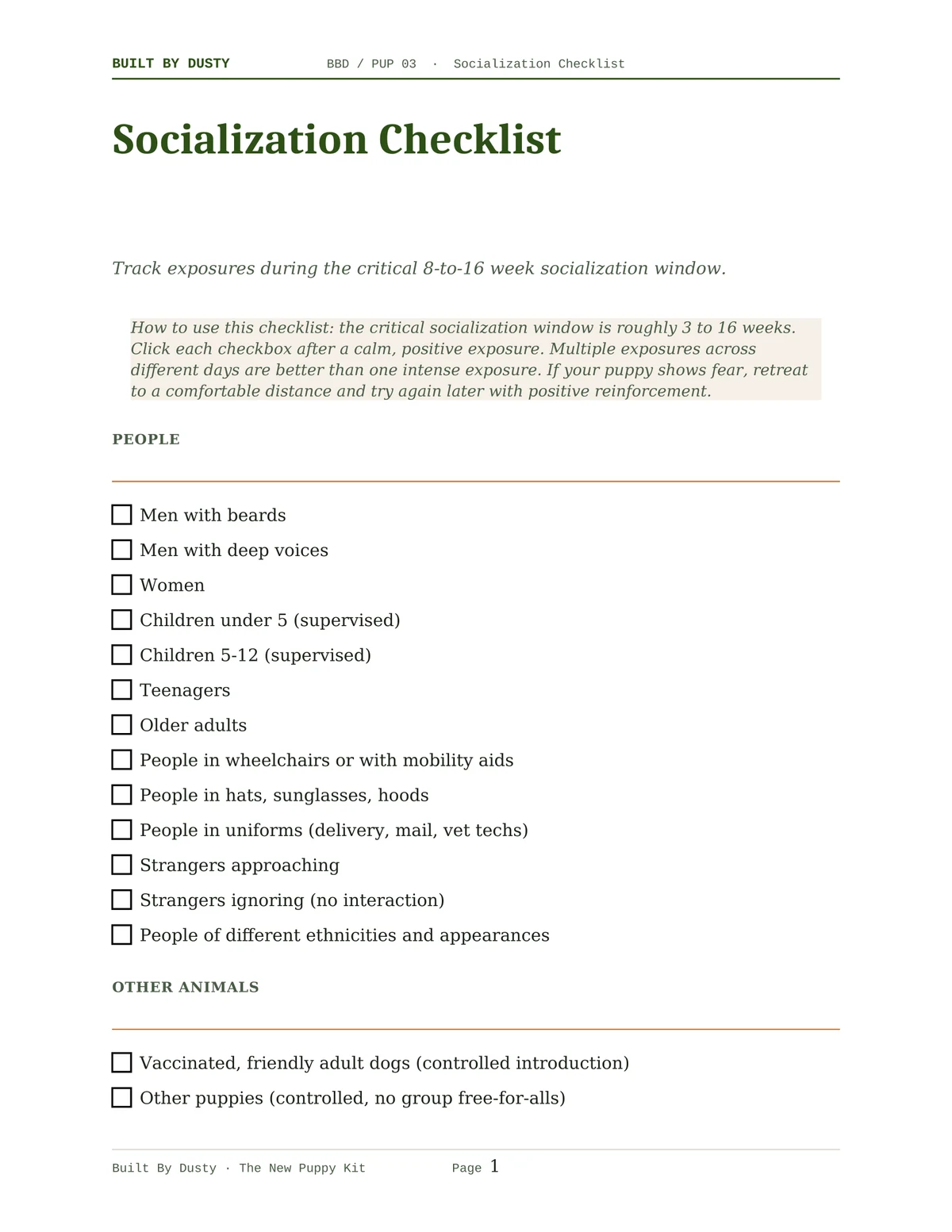 Sample page from Socialization Checklist, a template by Built By Dusty.
