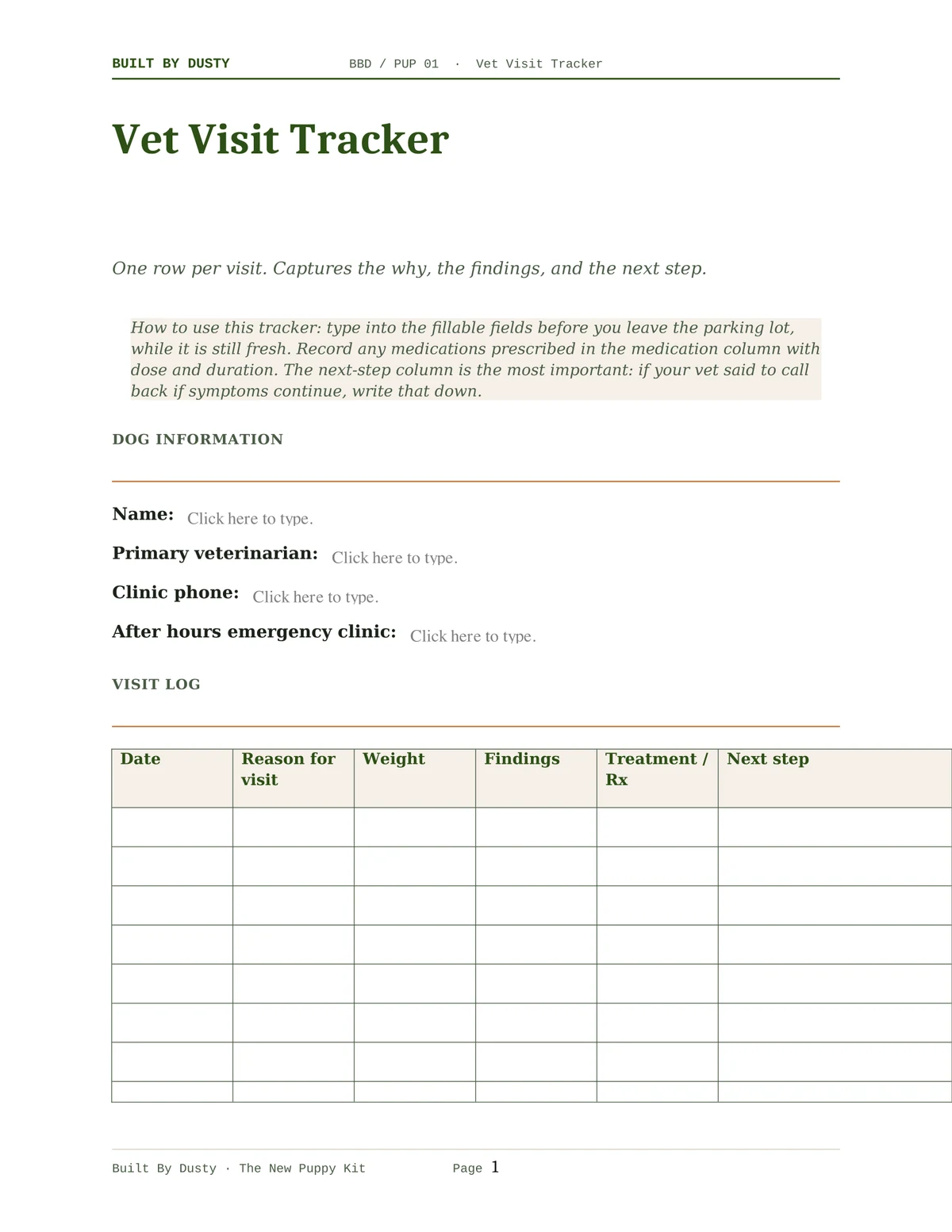 Sample page from Vet Visit Tracker, a template by Built By Dusty.