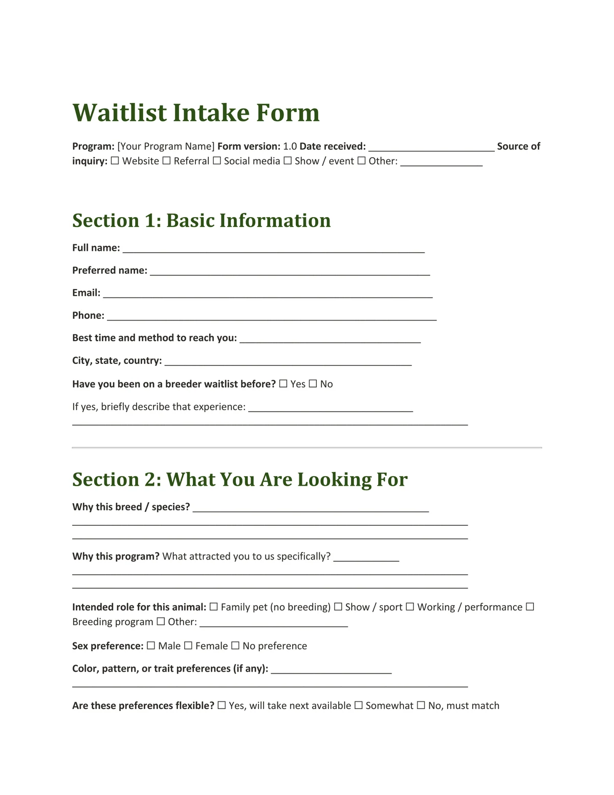 Sample page from Waitlist Intake Form, a template by Built By Dusty.